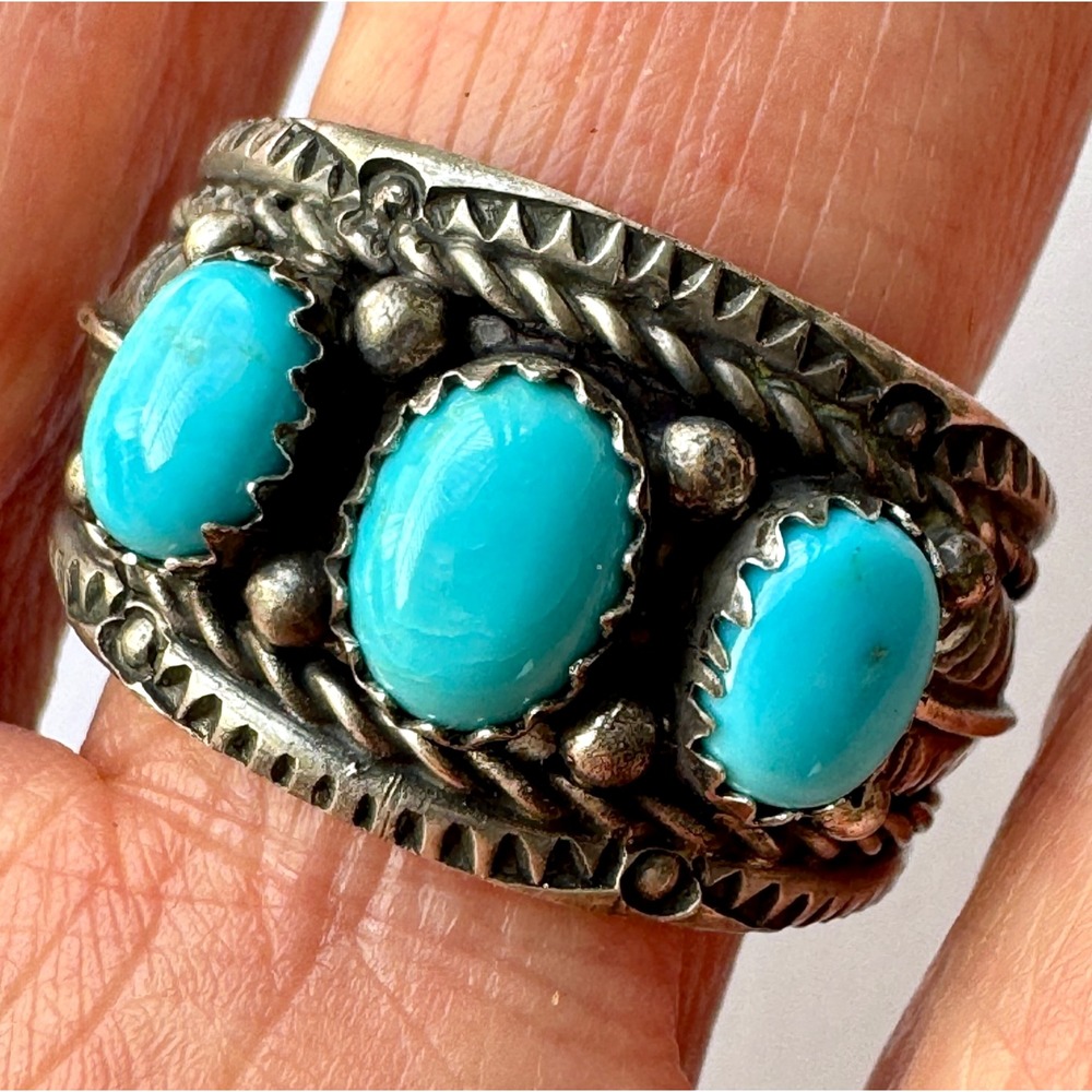 Turquoise Mens Band Ring Sz 11 Navajo 15mm Three Stone Leaf Rope‎ Signed Begay